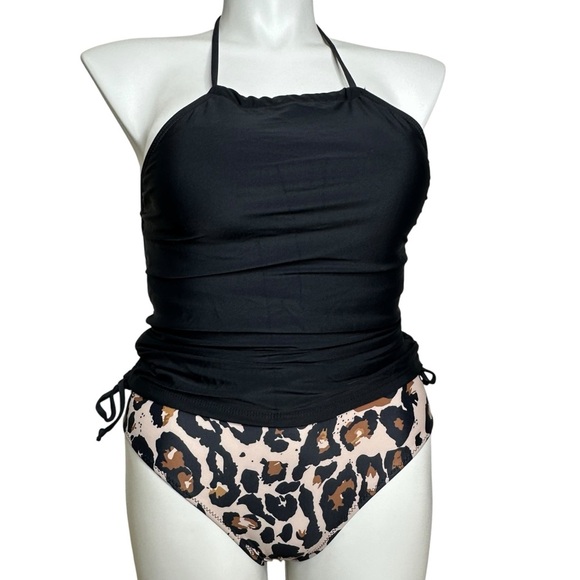 Beachsissi Black Ruched Top with Animal Print Bottoms Swim NWOT Large - Picture 1 of 5